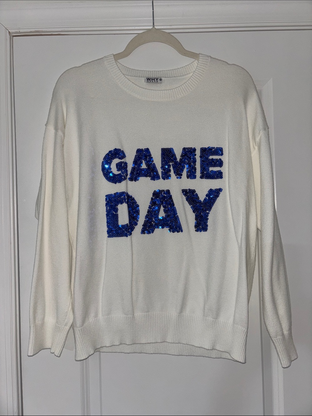 White 'Game Day' Sequin Sweater with Royal Blue Sequins